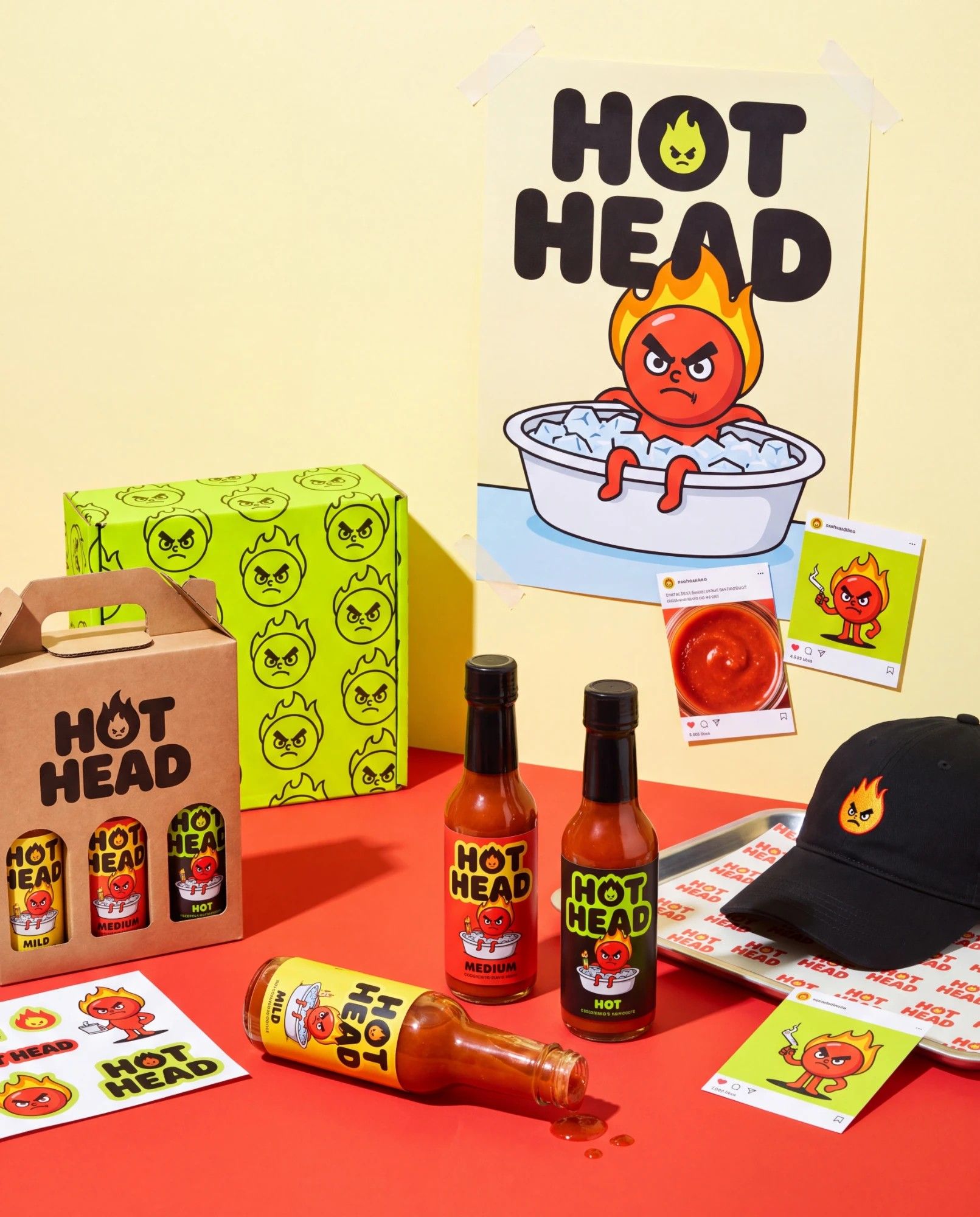 HOT HEAD kampanja: tri boce umaka, kraft karton, zelena kutija s uzorkom maskote, plakat s glavom u ledenoj kupki, šilterica i naljepnice